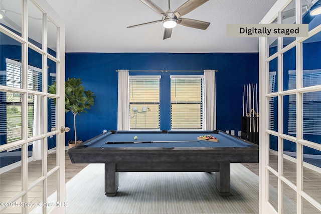 playroom with french doors, ceiling fan, wood-type flooring, and billiards