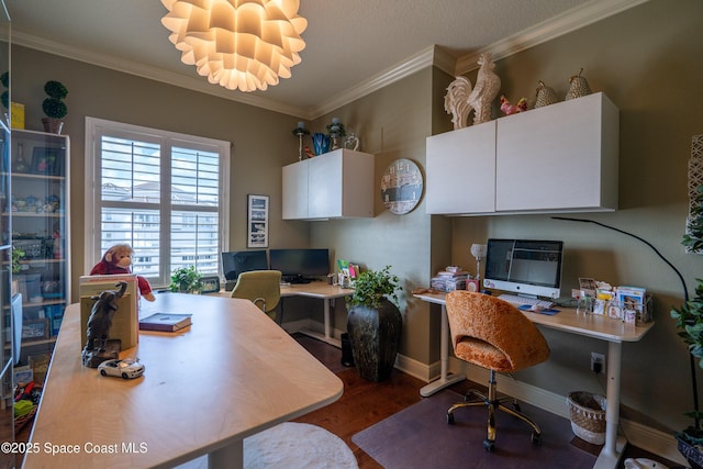 home office featuring dark hardwood / wood-style flooring, crown molding, and a notable chandelier