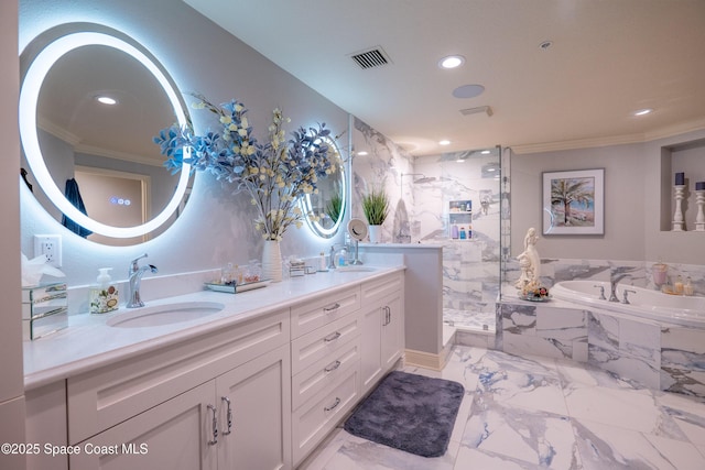 bathroom featuring vanity, separate shower and tub, and ornamental molding