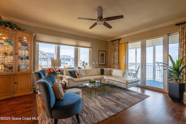 living room featuring a textured ceiling, plenty of natural light, and ceiling fan