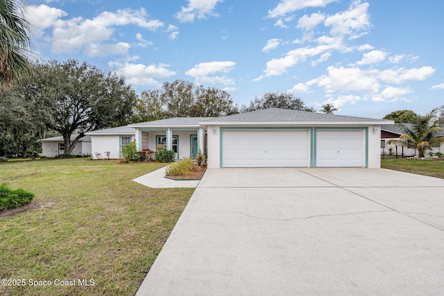 single story home featuring a front yard and a garage