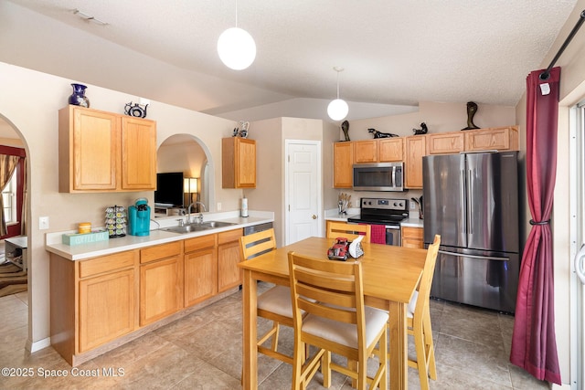 kitchen featuring pendant lighting, stainless steel appliances, lofted ceiling, and sink