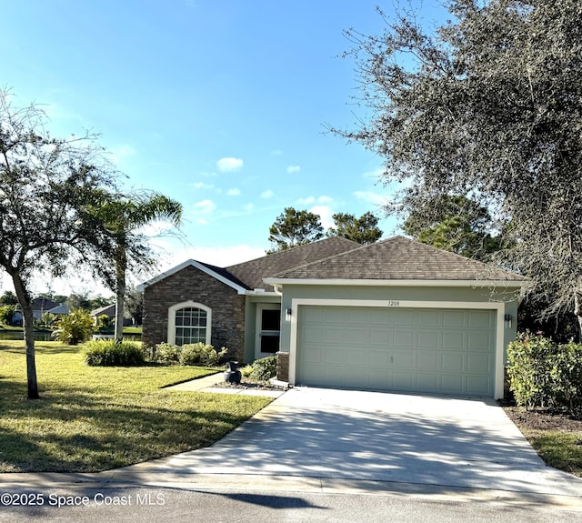 single story home with a garage and a front yard