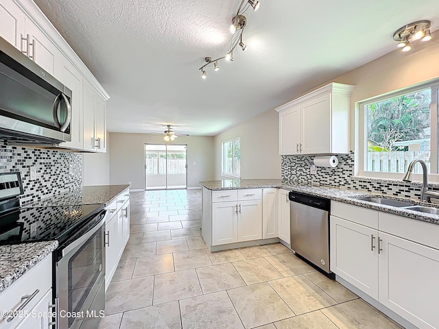 kitchen featuring decorative backsplash, stainless steel appliances, a ceiling fan, and a sink