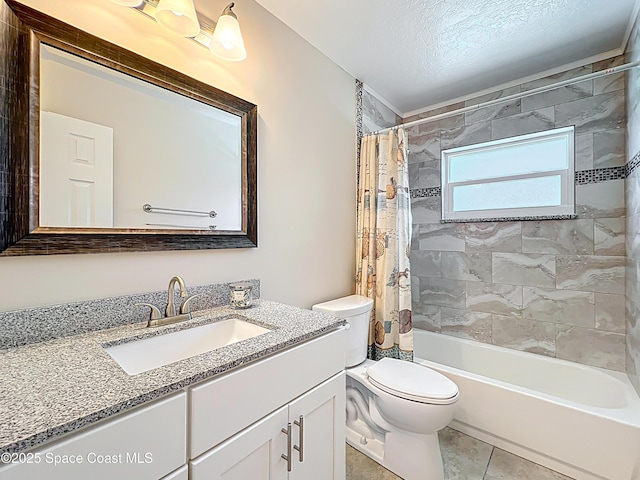 full bath featuring tile patterned floors, a textured ceiling, toilet, shower / bath combo with shower curtain, and vanity