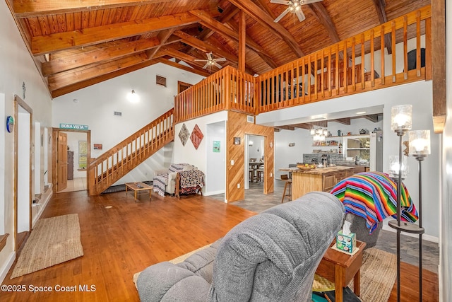 living room featuring high vaulted ceiling, ceiling fan, and wood ceiling