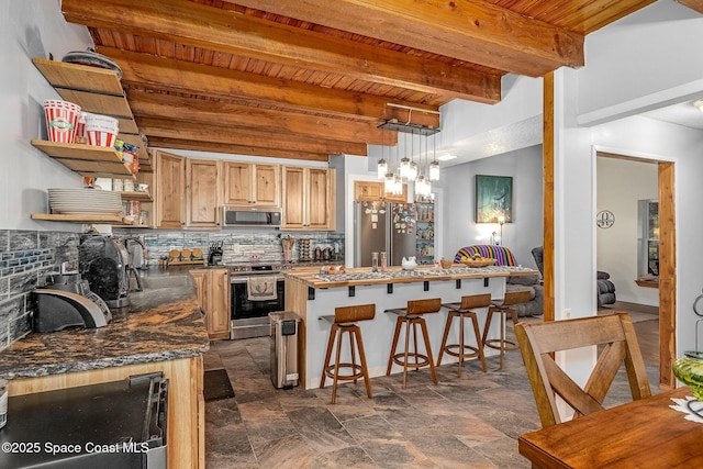 kitchen with stainless steel appliances, wooden ceiling, a breakfast bar area, backsplash, and beam ceiling