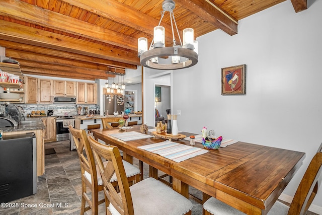 dining room with a chandelier, wood ceiling, and beam ceiling