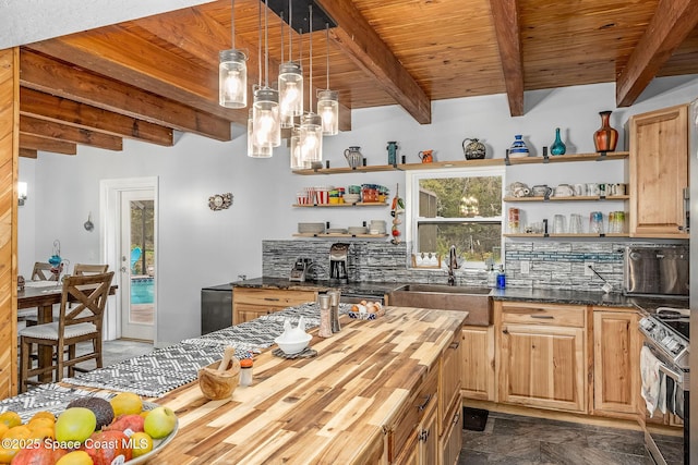 kitchen featuring beam ceiling, stainless steel range with electric cooktop, decorative light fixtures, and tasteful backsplash