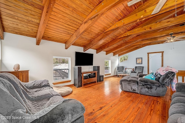 living room featuring hardwood / wood-style flooring, ceiling fan, wooden ceiling, and vaulted ceiling with beams