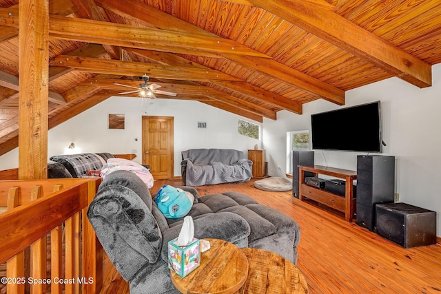 living room featuring lofted ceiling with beams, hardwood / wood-style floors, ceiling fan, and wood ceiling