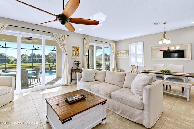 tiled living room with a textured ceiling