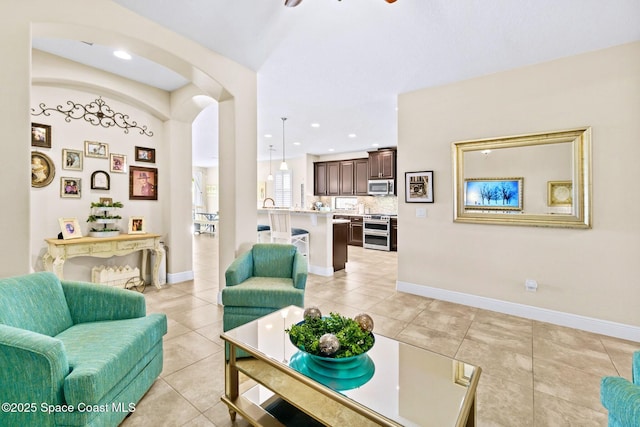 living room featuring light tile patterned floors