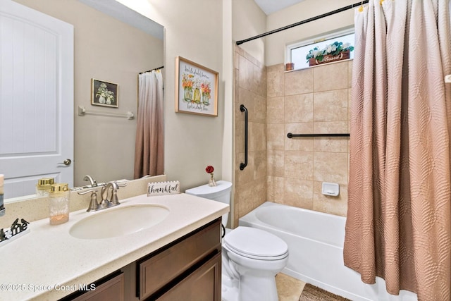 full bathroom with vanity, shower / bathtub combination with curtain, and toilet