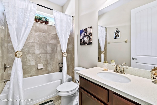 full bathroom featuring toilet, vanity, and shower / tub combo with curtain