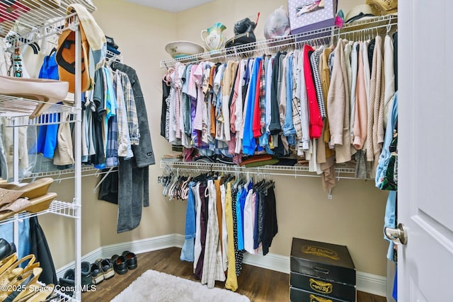 walk in closet with dark wood-type flooring