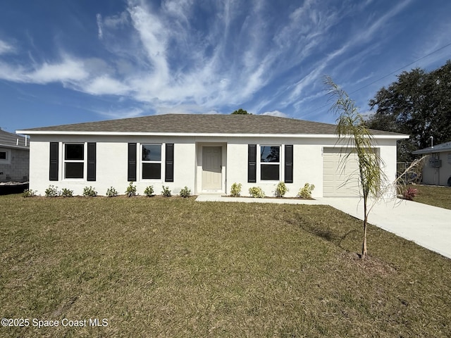 single story home with a garage and a front yard