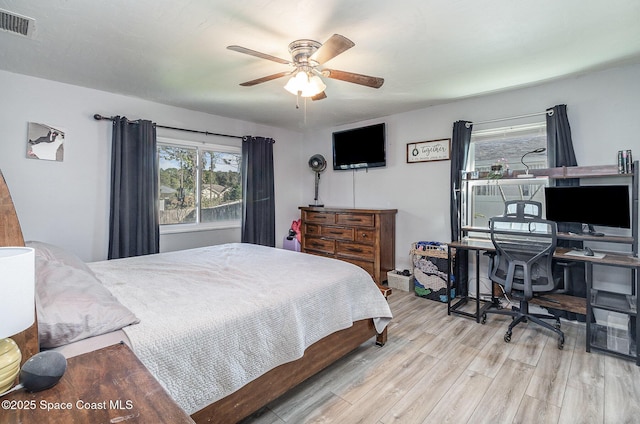 bedroom featuring ceiling fan and light hardwood / wood-style flooring