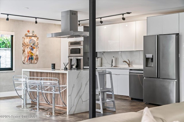 kitchen with exhaust hood, white cabinetry, rail lighting, and stainless steel appliances