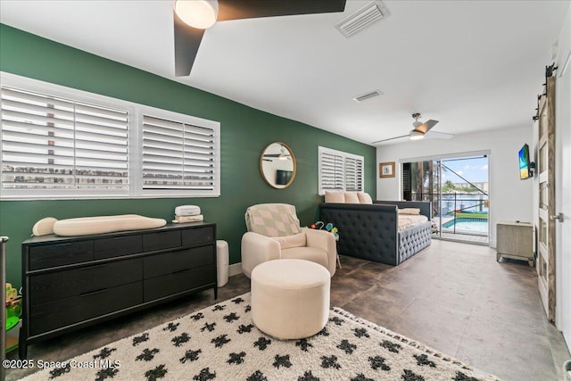 bedroom featuring access to outside and ceiling fan