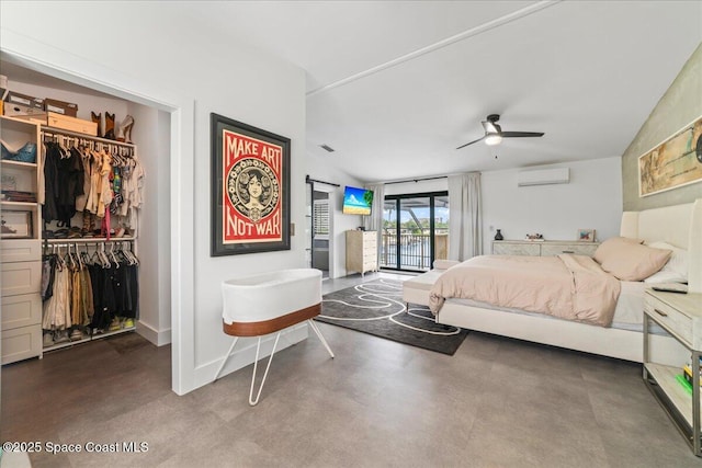 bedroom with a wall mounted air conditioner, access to outside, vaulted ceiling, ceiling fan, and a closet