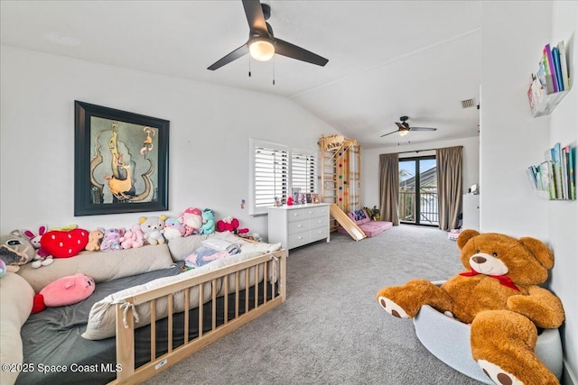 carpeted bedroom featuring access to exterior, ceiling fan, and lofted ceiling