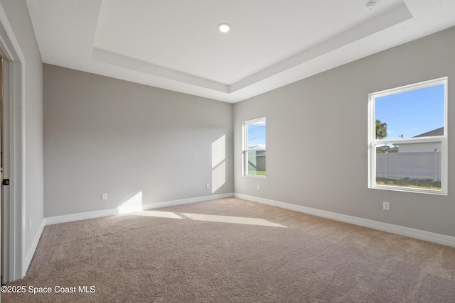 carpeted empty room featuring a tray ceiling