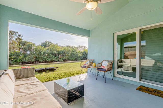 view of patio featuring ceiling fan and an outdoor hangout area