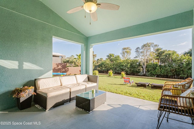 view of patio / terrace featuring ceiling fan and an outdoor hangout area