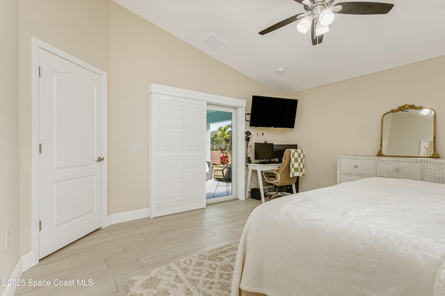 bedroom featuring ceiling fan, access to outside, and vaulted ceiling