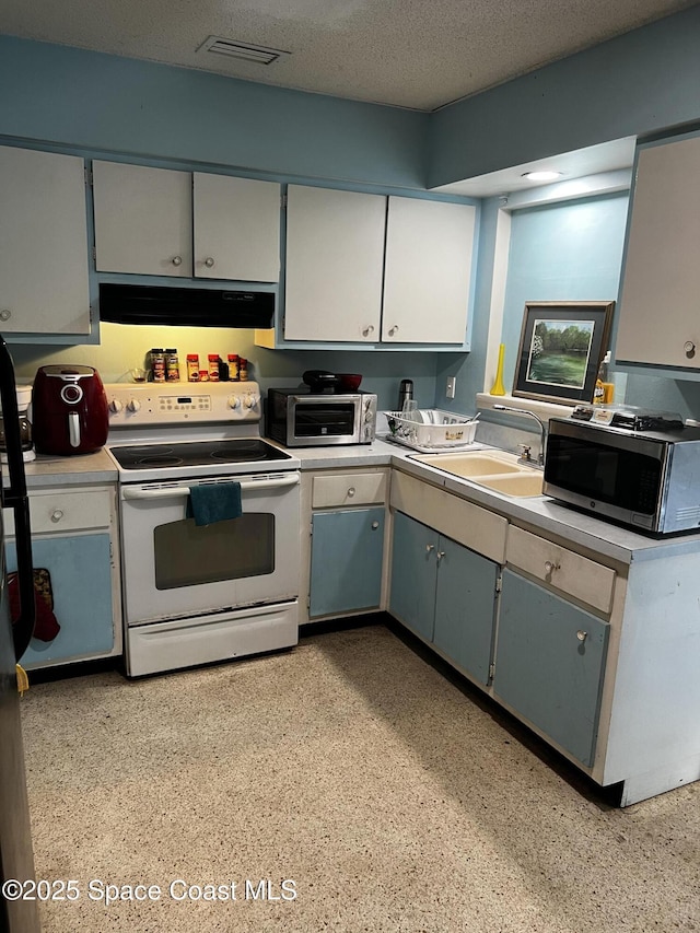 kitchen with white electric range oven, a textured ceiling, sink, and exhaust hood