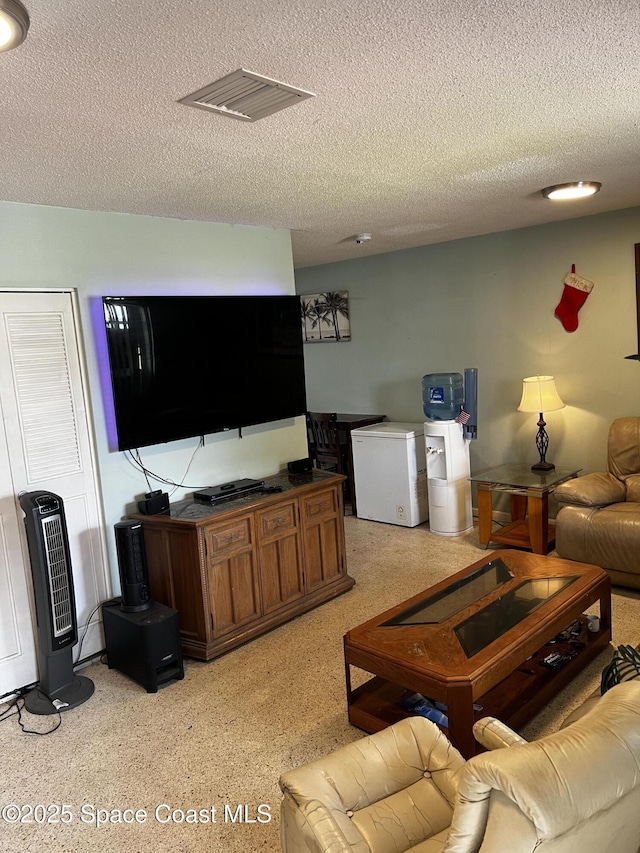 living room with a textured ceiling