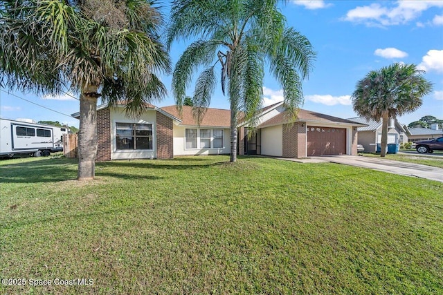 single story home featuring a garage and a front lawn