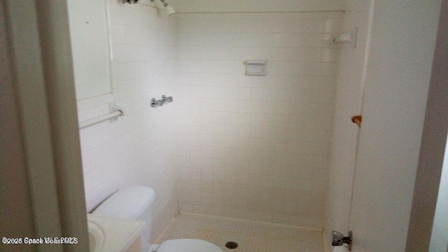 bathroom with a stall shower and toilet