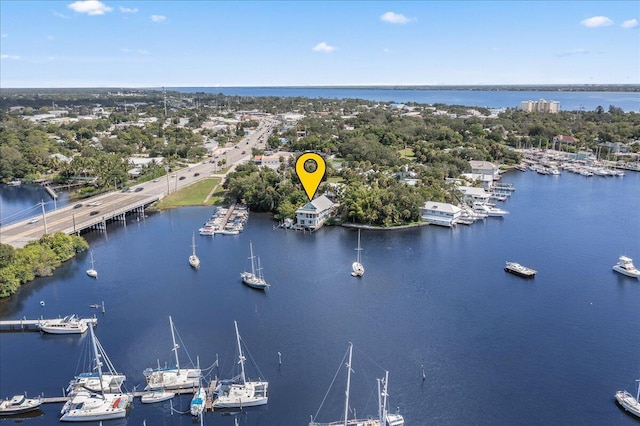 aerial view featuring a water view