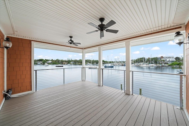 wooden deck featuring ceiling fan and a water view