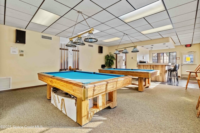 game room with indoor bar, carpet floors, a drop ceiling, and billiards