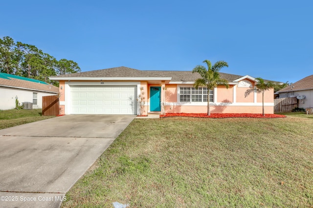 ranch-style house with a garage, a front lawn, and central air condition unit