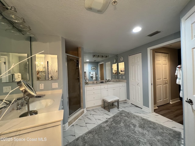 bathroom with vanity, a textured ceiling, and walk in shower