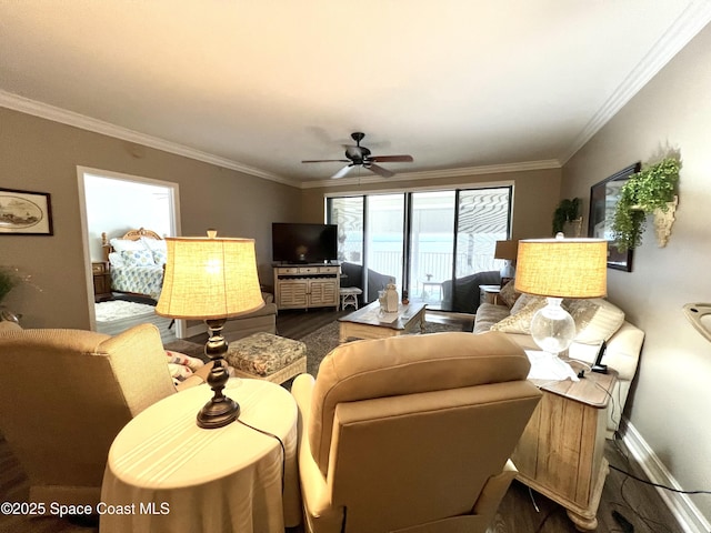 living room with dark hardwood / wood-style flooring, ceiling fan, and crown molding