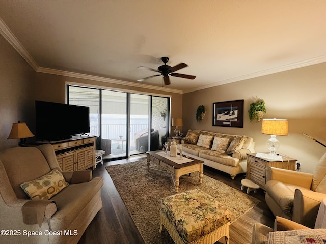 living room with ceiling fan, dark hardwood / wood-style flooring, and ornamental molding