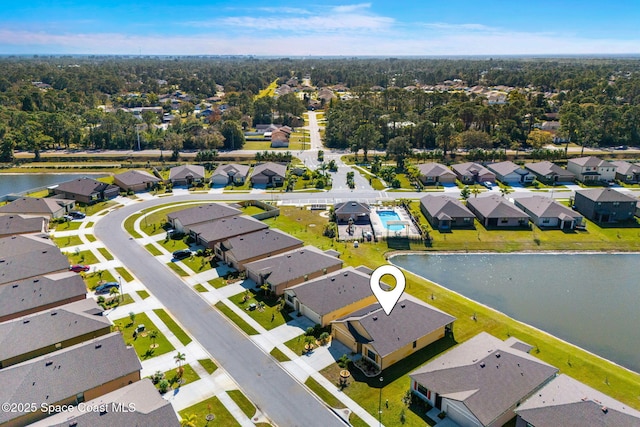 aerial view featuring a water view