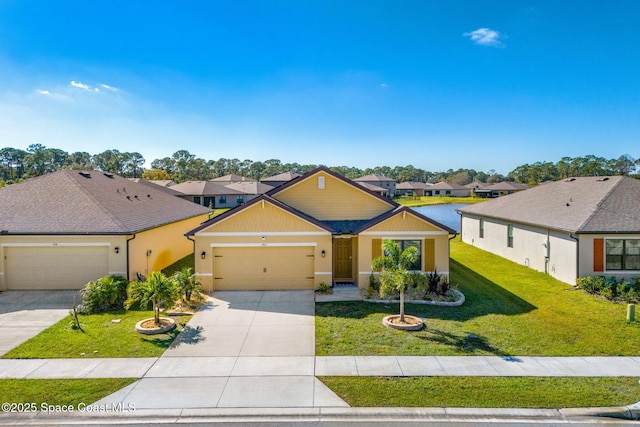 single story home featuring a garage and a front yard