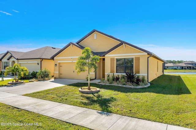 ranch-style home with a garage and a front yard