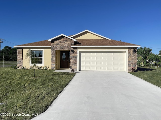 ranch-style home featuring a garage and a front yard