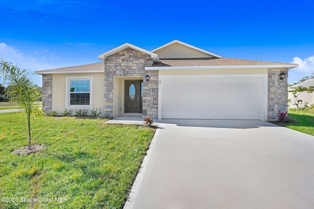 ranch-style home featuring a garage and a front lawn