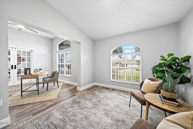 office space featuring ceiling fan, wood-type flooring, and vaulted ceiling