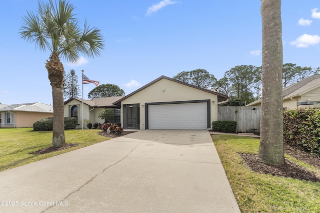 single story home with a garage and a front yard