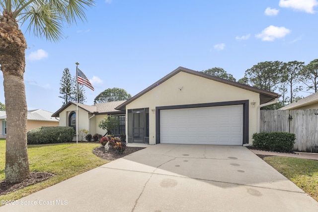 ranch-style house with a garage and a front lawn