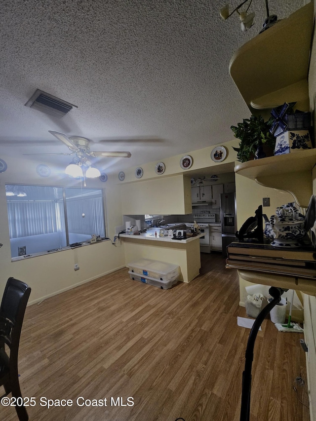 miscellaneous room featuring ceiling fan, a textured ceiling, and hardwood / wood-style flooring